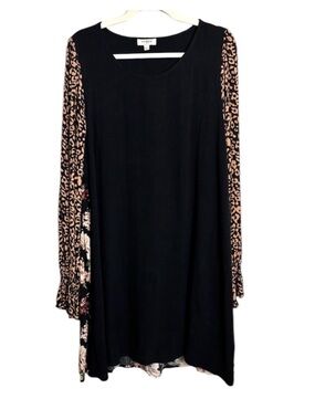 Umgee Black Moody Floral Leopard Long Sleeve Tunic Dress Women’s Small Boho